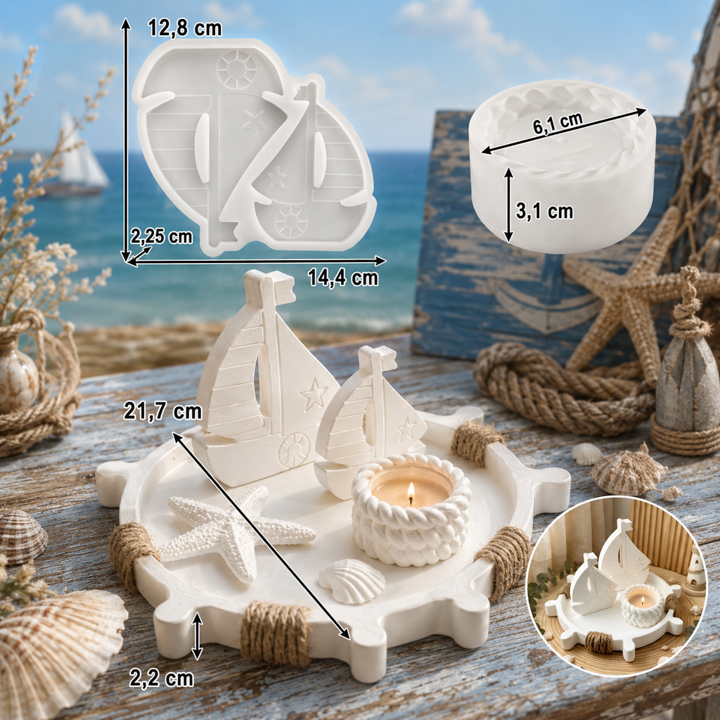Maritimes Gießform-Set – Steuerrad-Tablett mit Segelbooten & Teelichthalter | Silikonform für Raysin, Keraflott, Gips & Beton