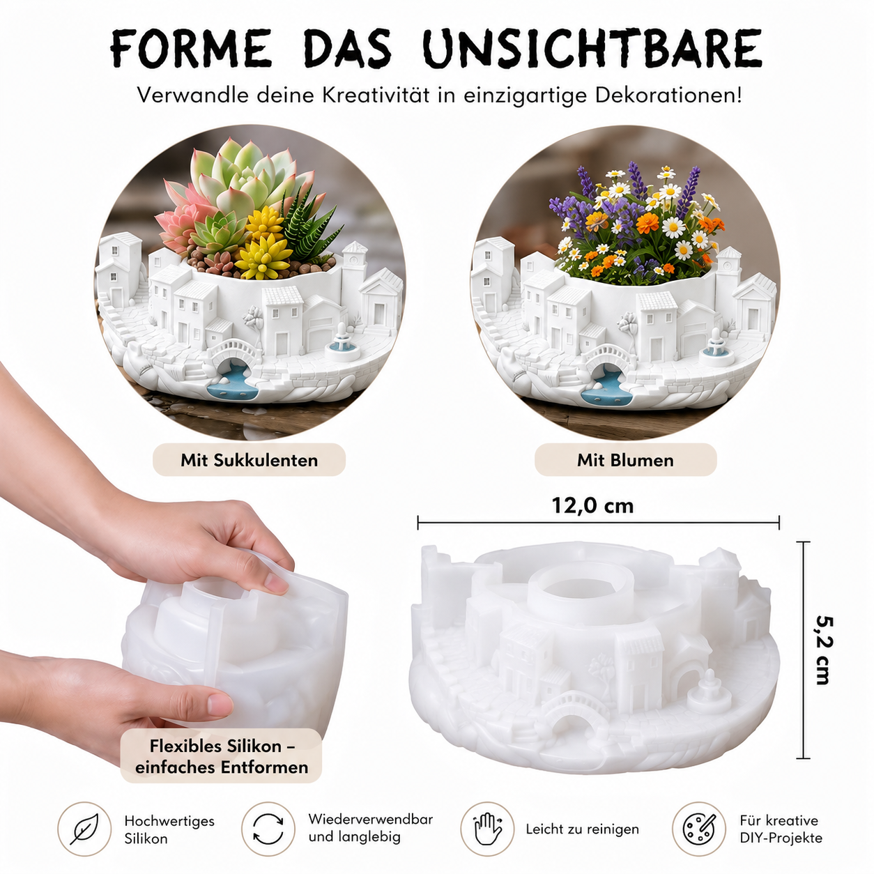 Silikonform Miniaturstadt mit Bonsai – Gießform für Raysin, Keraflott, Gips & Beton