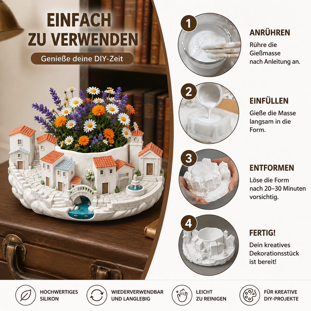 Silikonform Miniaturstadt mit Bonsai – Gießform für Raysin, Keraflott, Gips & Beton