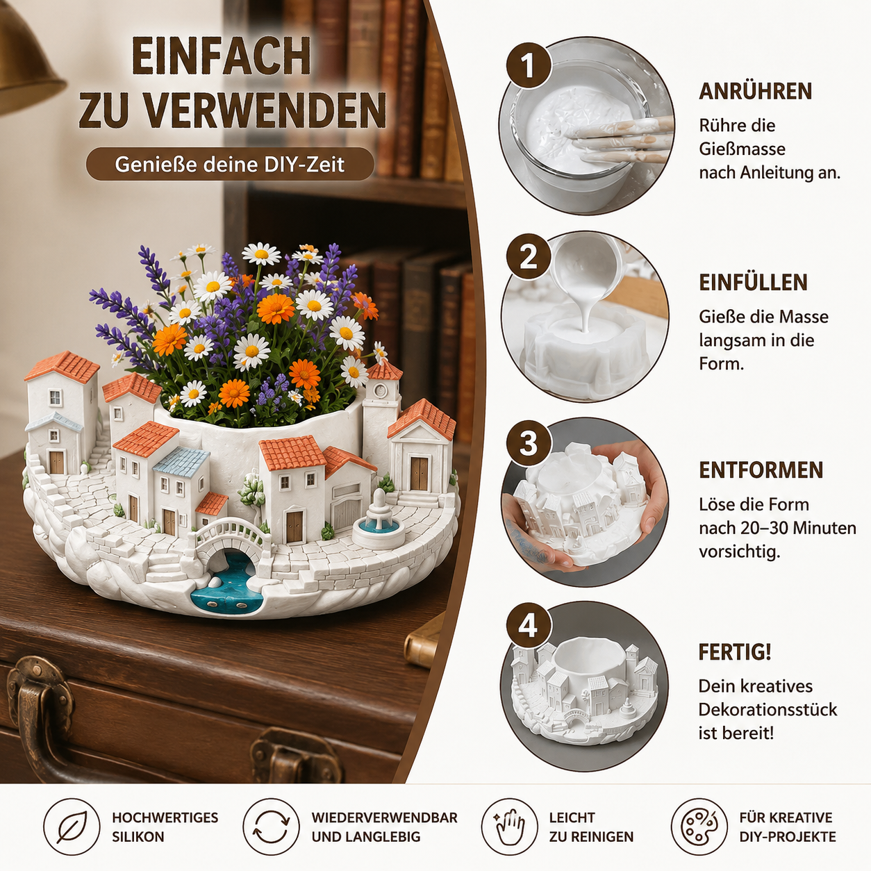 Silikonform Miniaturstadt mit Bonsai – Gießform für Raysin, Keraflott, Gips & Beton