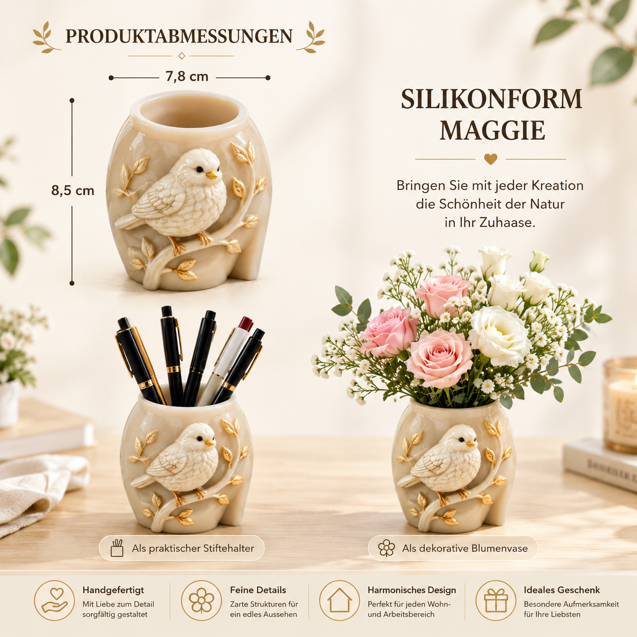 Silikonform Maggie Vogelvase – Gießform für Keraflott, Raysin, Gips & Beton | DIY Dekoform