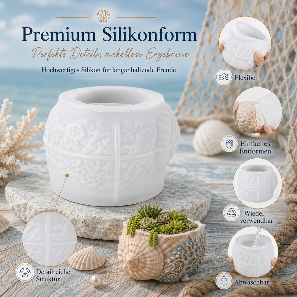 Maritime Silikonform Muschel-Blumentopf | Gießform für Raysin, Gips & Beton