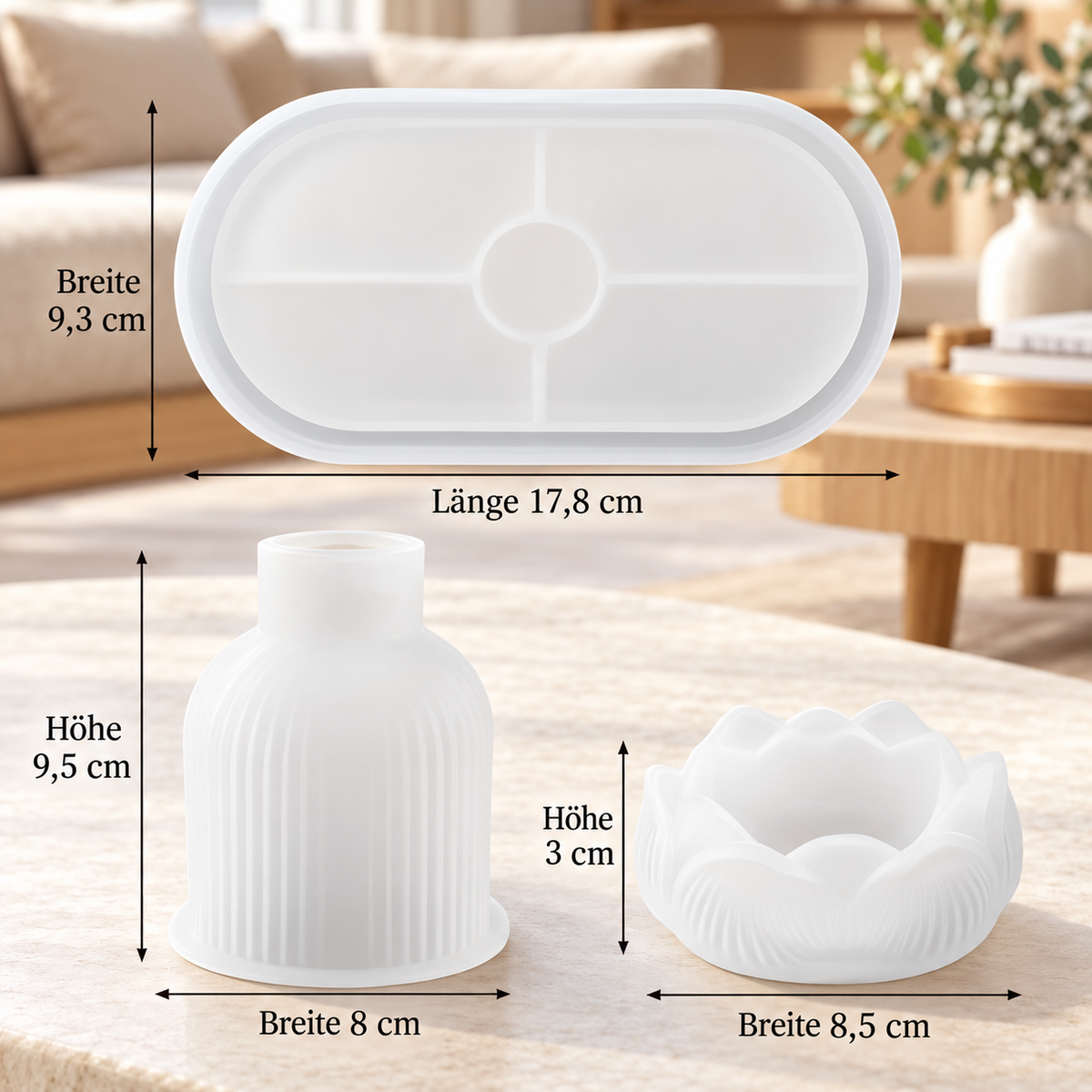 Silikonformen-Set für geriffelte Vase, Lotus-Schale und ovales Tablett