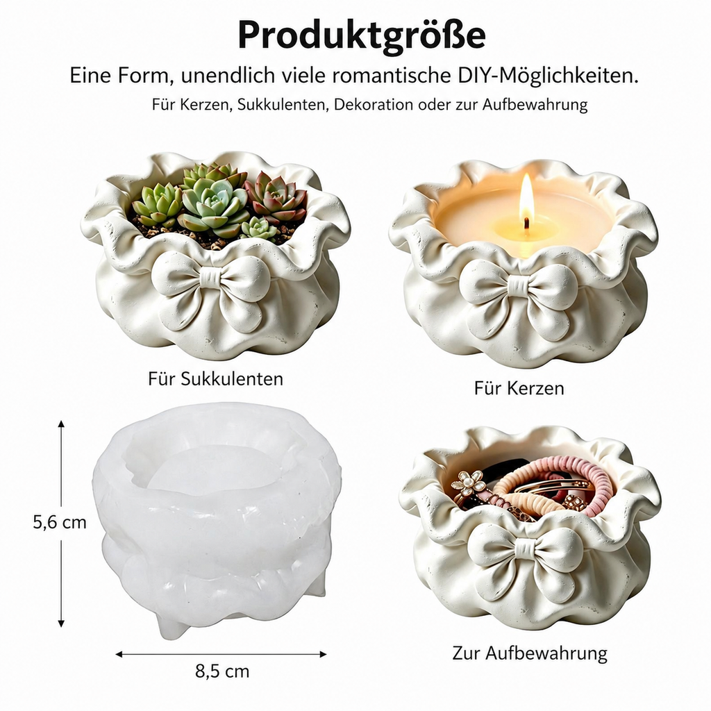 Silikonform Schleifen-Schale mit Maßangaben 8,5 cm Durchmesser und 5,6 cm Höhe.