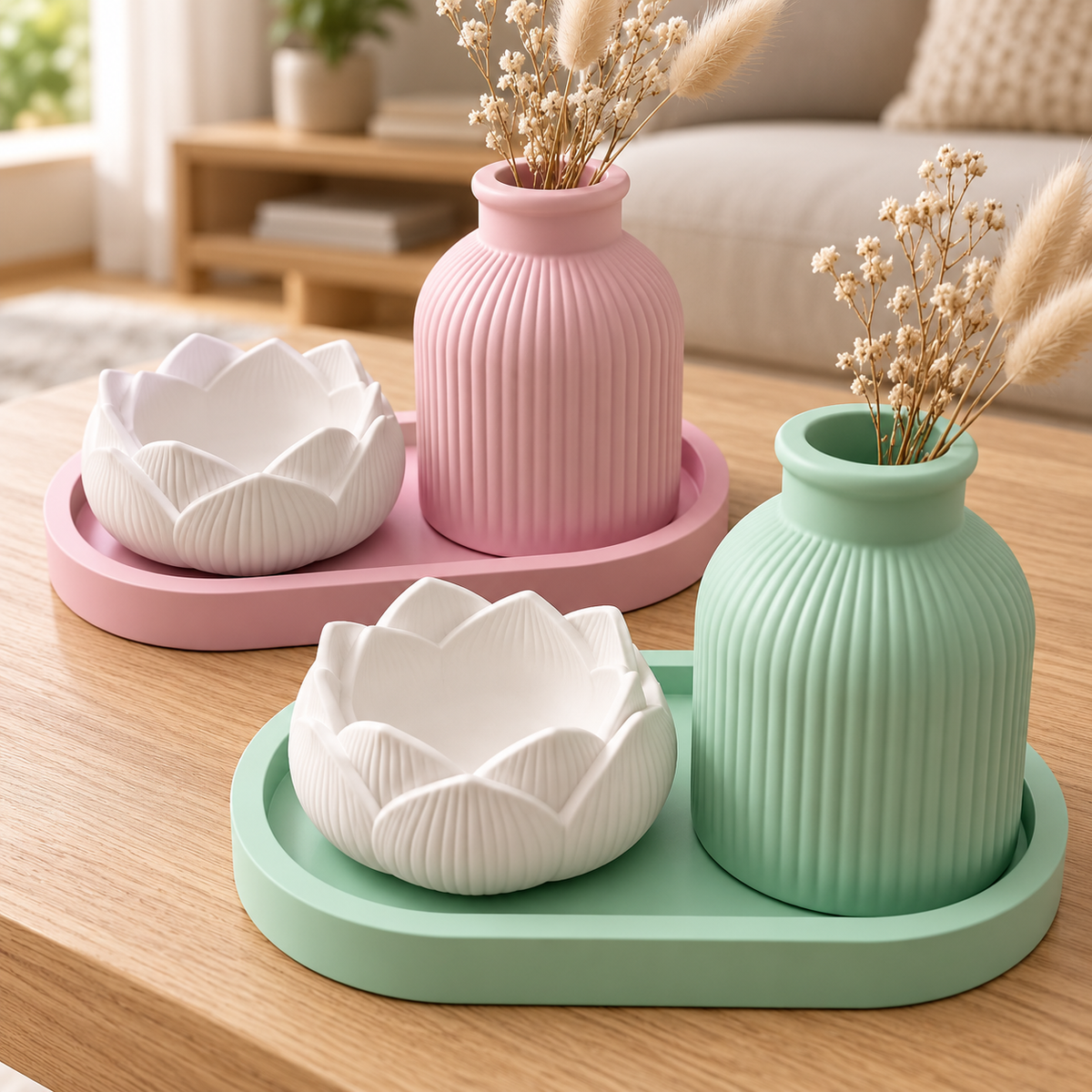 Silikonformen-Set für geriffelte Vase, Lotus-Schale und ovales Tablett