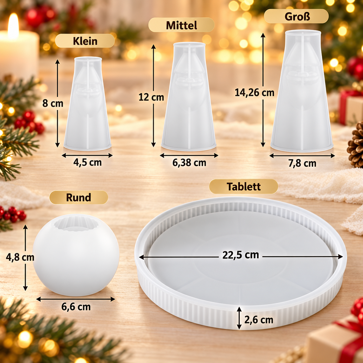 Silikonformen-Set Weihnachten – 3 Weihnachtsmänner, Teelichthalter und rundes Tablett