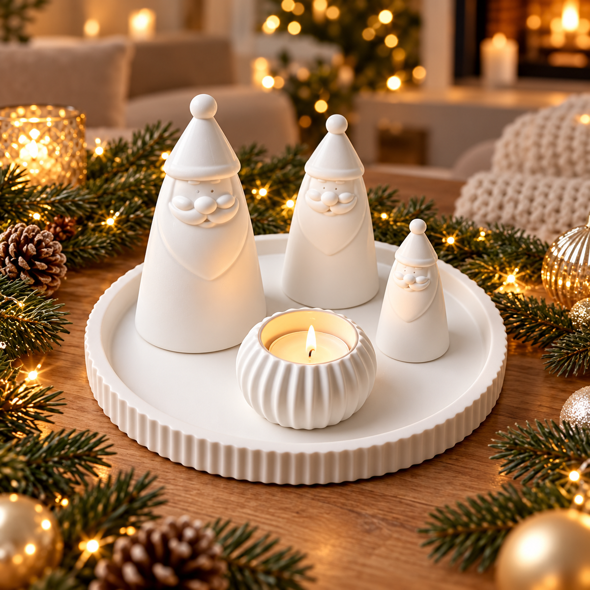 Silikonformen-Set Weihnachten – 3 Weihnachtsmänner, Teelichthalter und rundes Tablett