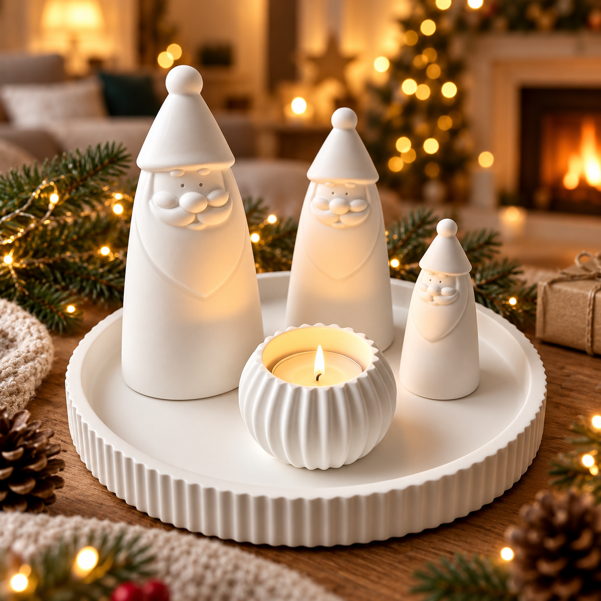 Silikonformen-Set Weihnachten – 3 Weihnachtsmänner, Teelichthalter und rundes Tablett