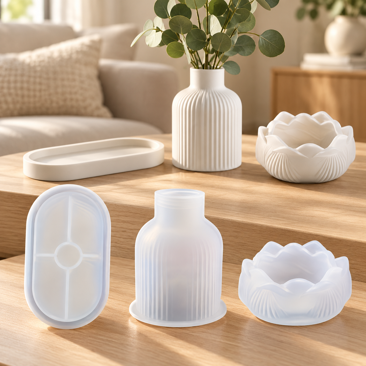 Silikonformen-Set für geriffelte Vase, Lotus-Schale und ovales Tablett