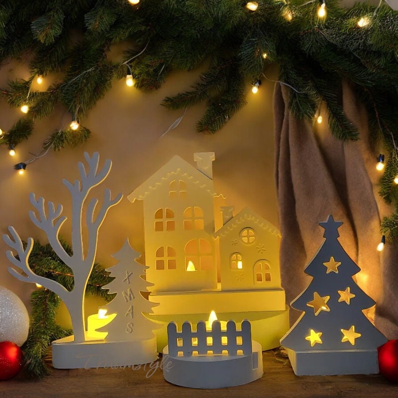 Weihnachtsbaum, Haus, Silikonform, Weihnacht Landschaft, Set 6 Formen, Kerzenständerformen, Einschieber, für Teelichthalteplatte