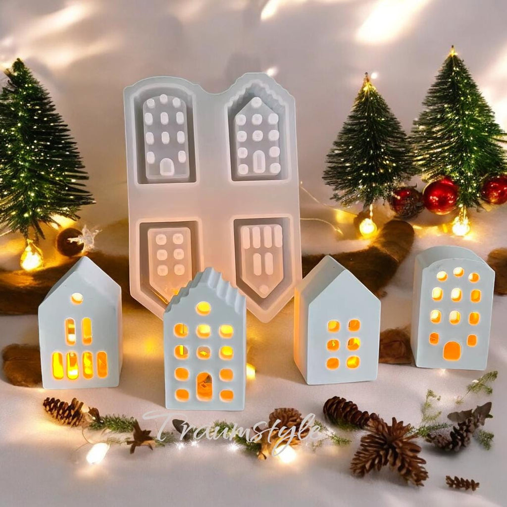 Silikon Gießform, Mini Lichthäuser, LED, Kerzenleuchter, 4 Häuser eine Form