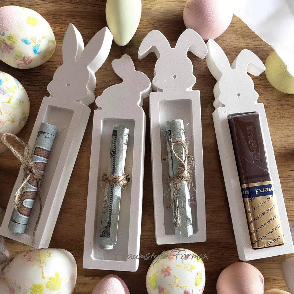 Silikonform Osterhase (4-fach) – Gießform Geschenkhalter für Schokoriegel & Geldgeschenk | Raysin/Keraflott