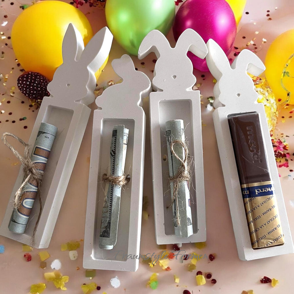 Silikonform Osterhase (4-fach) – Gießform Geschenkhalter für Schokoriegel & Geldgeschenk | Raysin/Keraflott