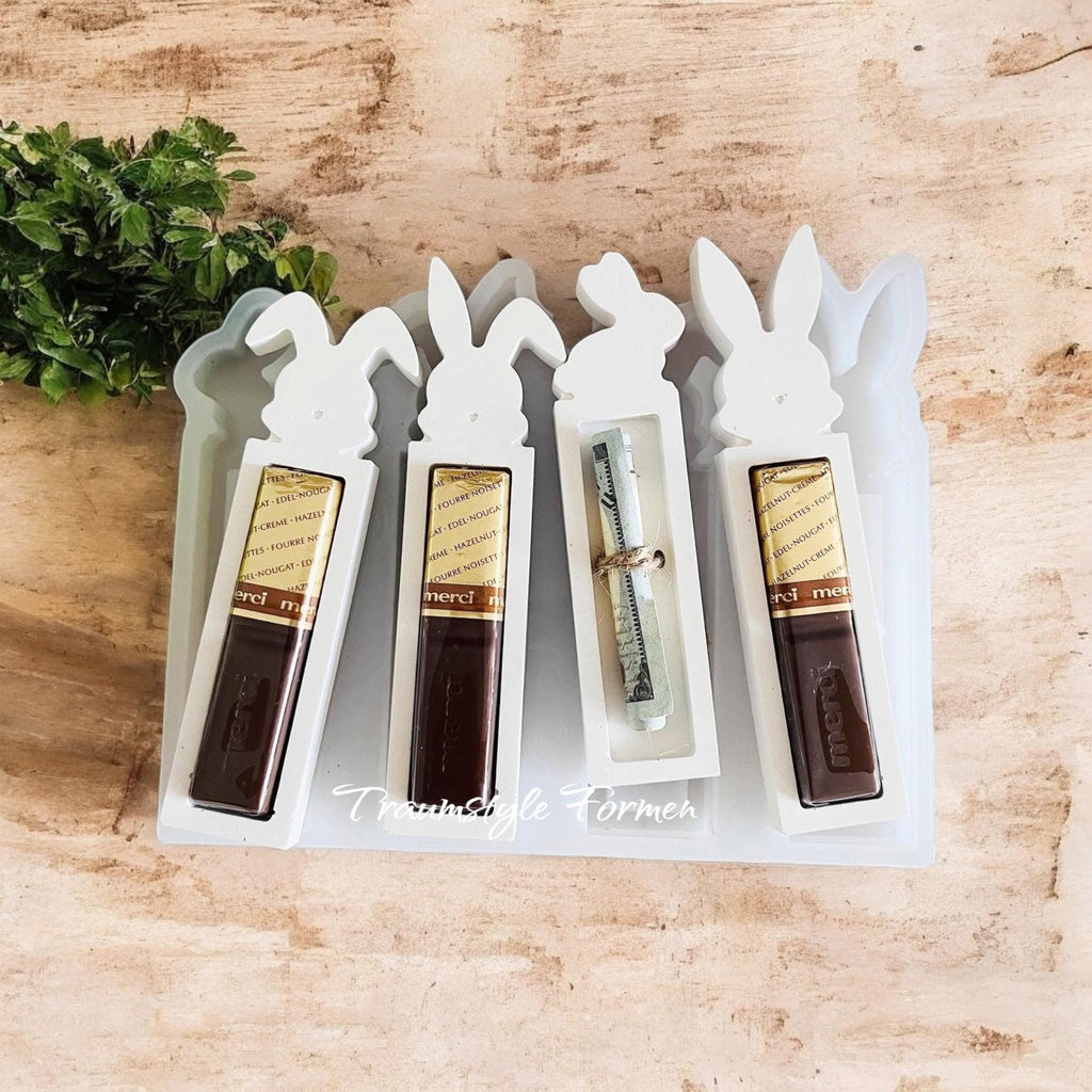 Silikonform Osterhase (4-fach) – Gießform Geschenkhalter für Schokoriegel & Geldgeschenk | Raysin/Keraflott