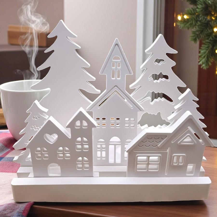Weihnachtslandschaft Silikonform Set, Weihnachtsbaum + Haus mit Teelichthalter, 7-teiliges Gießform Set für Raysin, Beton & Kerzenständer