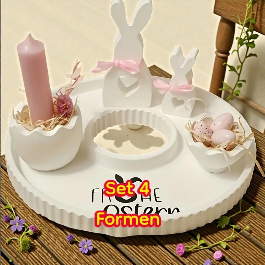 Silikon Gießform Set (4 Formen) – 2x Osterhase + Osternest/Schale + Becher/Ei-/Kerzenhalter – für Raysin & Keraflott – Osterdeko DIY