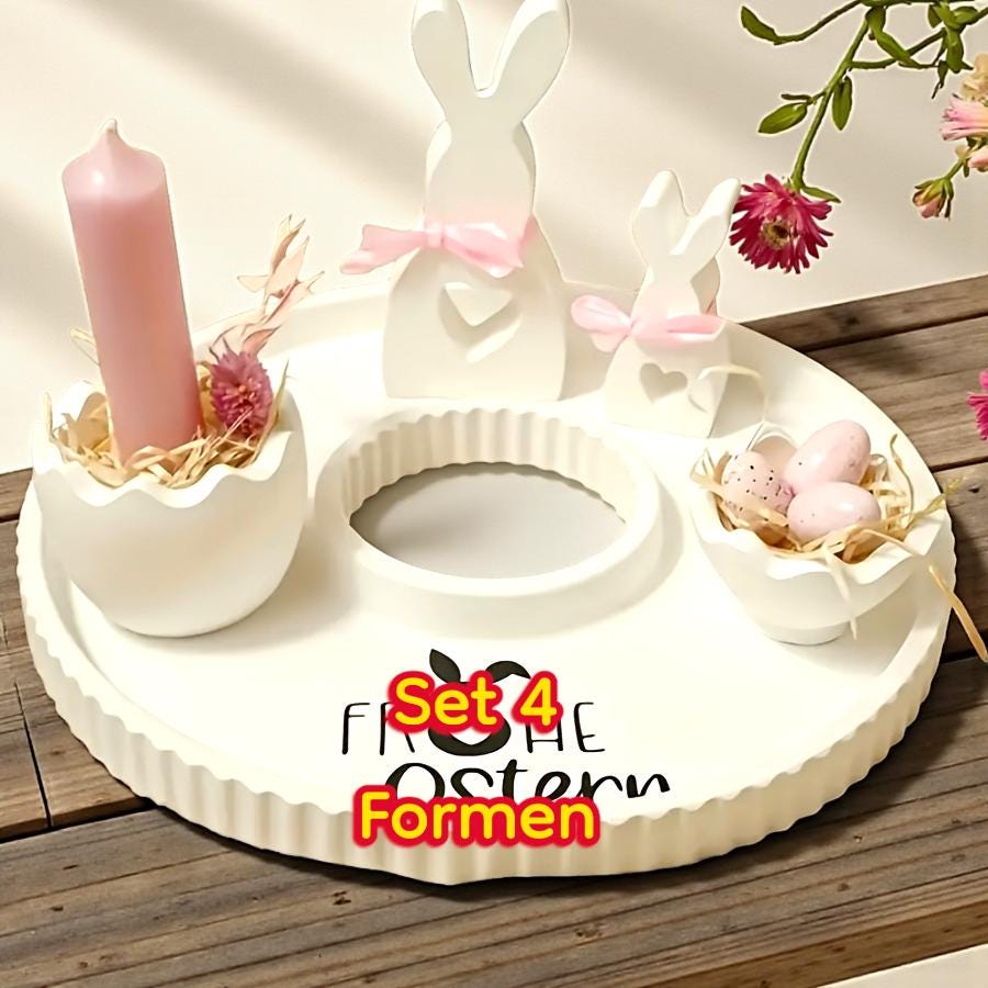 Silikon Gießform Set (4 Formen) – 2x Osterhase + Osternest/Schale + Becher/Ei-/Kerzenhalter – für Raysin & Keraflott – Osterdeko DIY