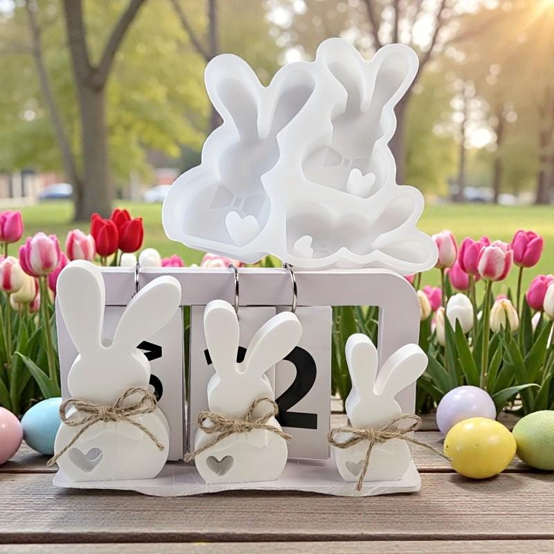 Silikonform Osterhase mit Herz (3er)  Gießform für Raysin & Keraflott  Hasen Deko gießen  Osterdeko DIY