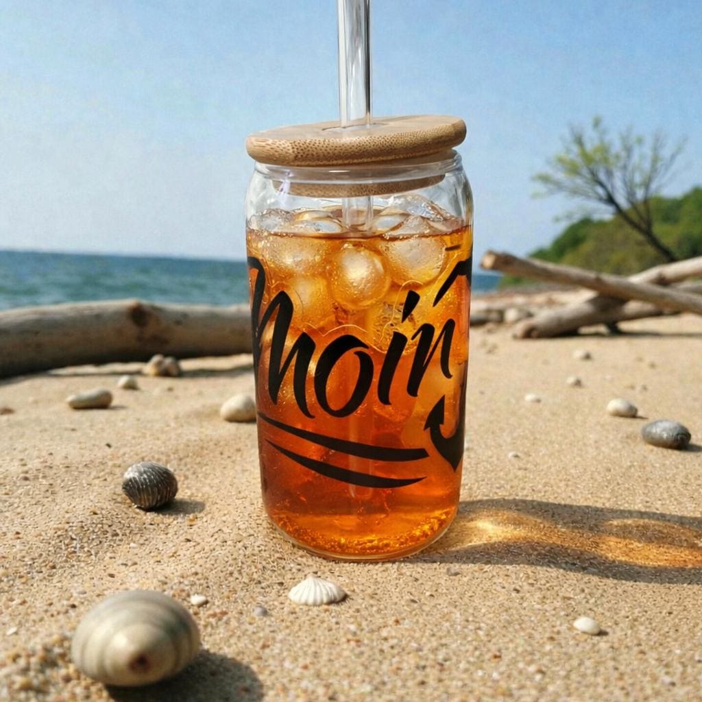 Trinkglas 500 ml mit Bambusdeckel & Glasstrohhalm – Iced Coffee Becher To Go, Spruch „Moin“, Geschenk