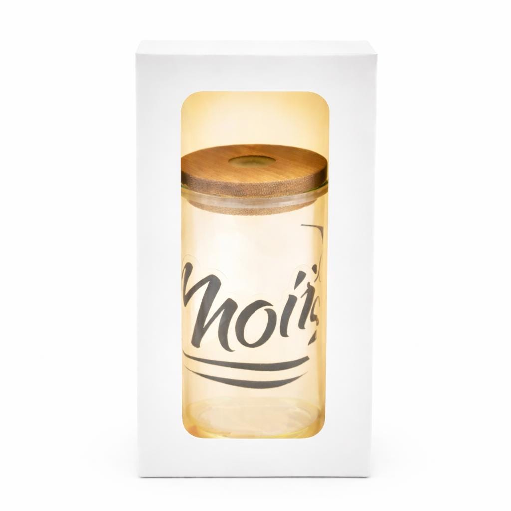 Trinkglas 500 ml mit Bambusdeckel & Glasstrohhalm – Iced Coffee Becher To Go, Spruch „Moin“, Geschenk