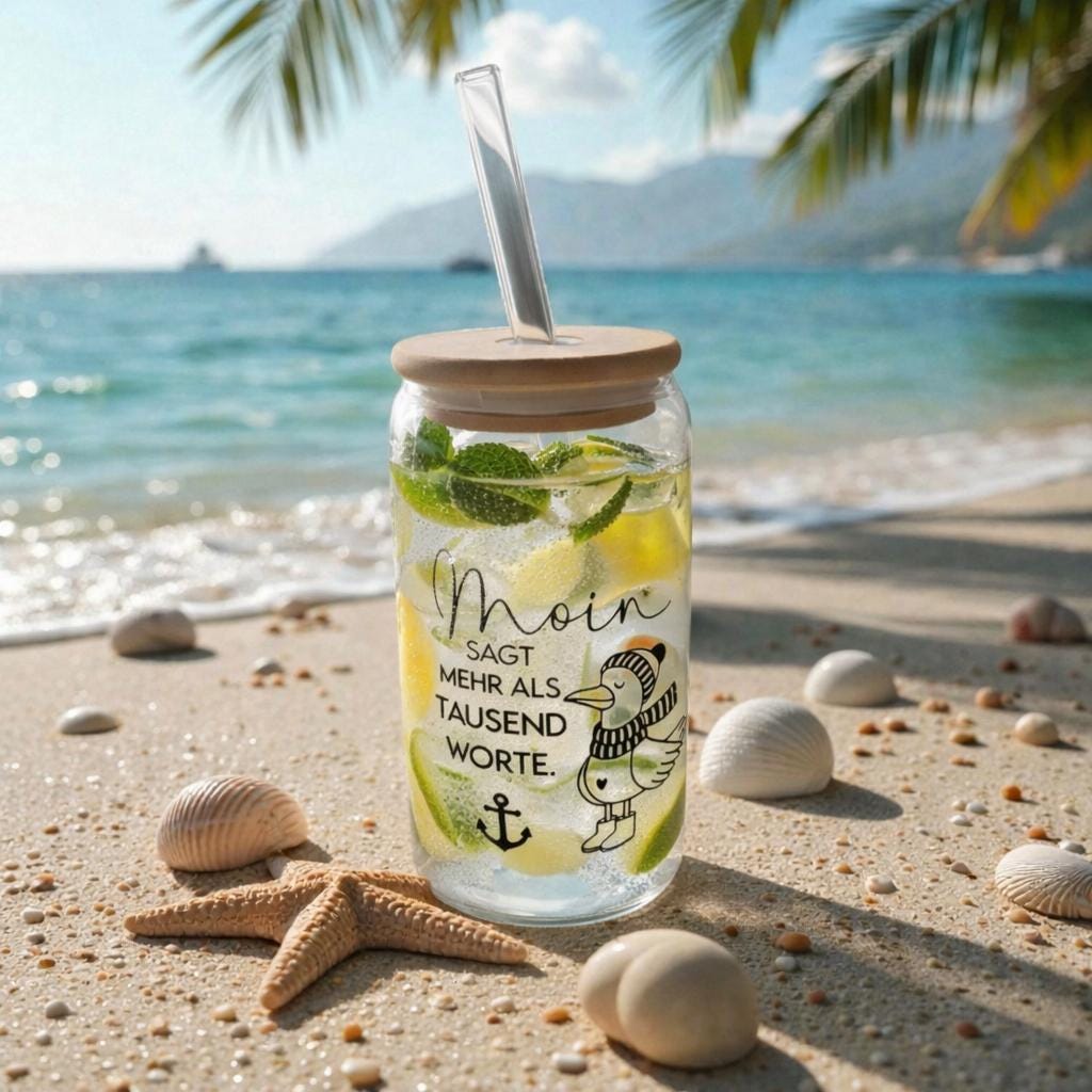 Trinkglas 500 ml mit Bambusdeckel | Glasbecher To Go | Iced Coffee Glas | 2 Glasstrohhalme + Bürste | maritim, mit Spruch, nachhaltig