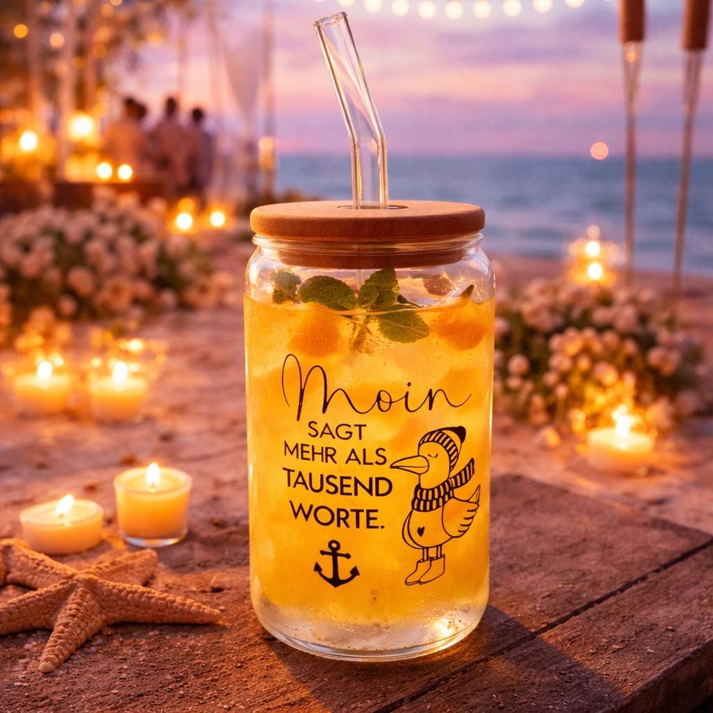 Trinkglas 500 ml mit Bambusdeckel | Glasbecher To Go | Iced Coffee Glas | 2 Glasstrohhalme + Bürste | maritim, mit Spruch, nachhaltig