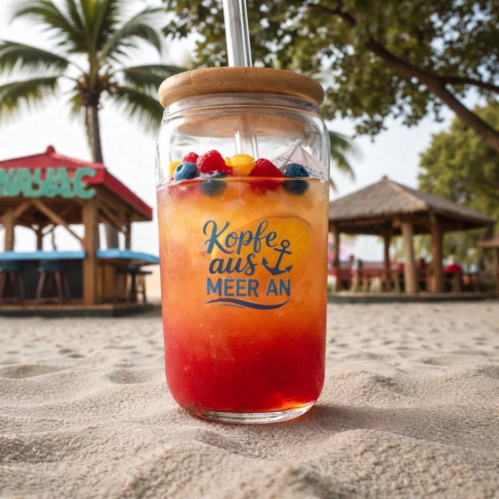 Trinkglas 500 ml mit Bambusdeckel | Glasbecher To Go | Iced Coffee Glas | 2 Glasstrohhalme + Bürste | maritim, nachhaltig
