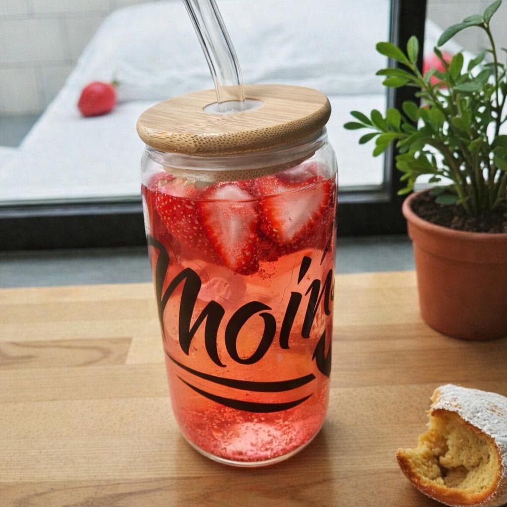 Trinkglas 500 ml mit Bambusdeckel & Glasstrohhalm – Iced Coffee Becher To Go, Spruch „Moin“, Geschenk