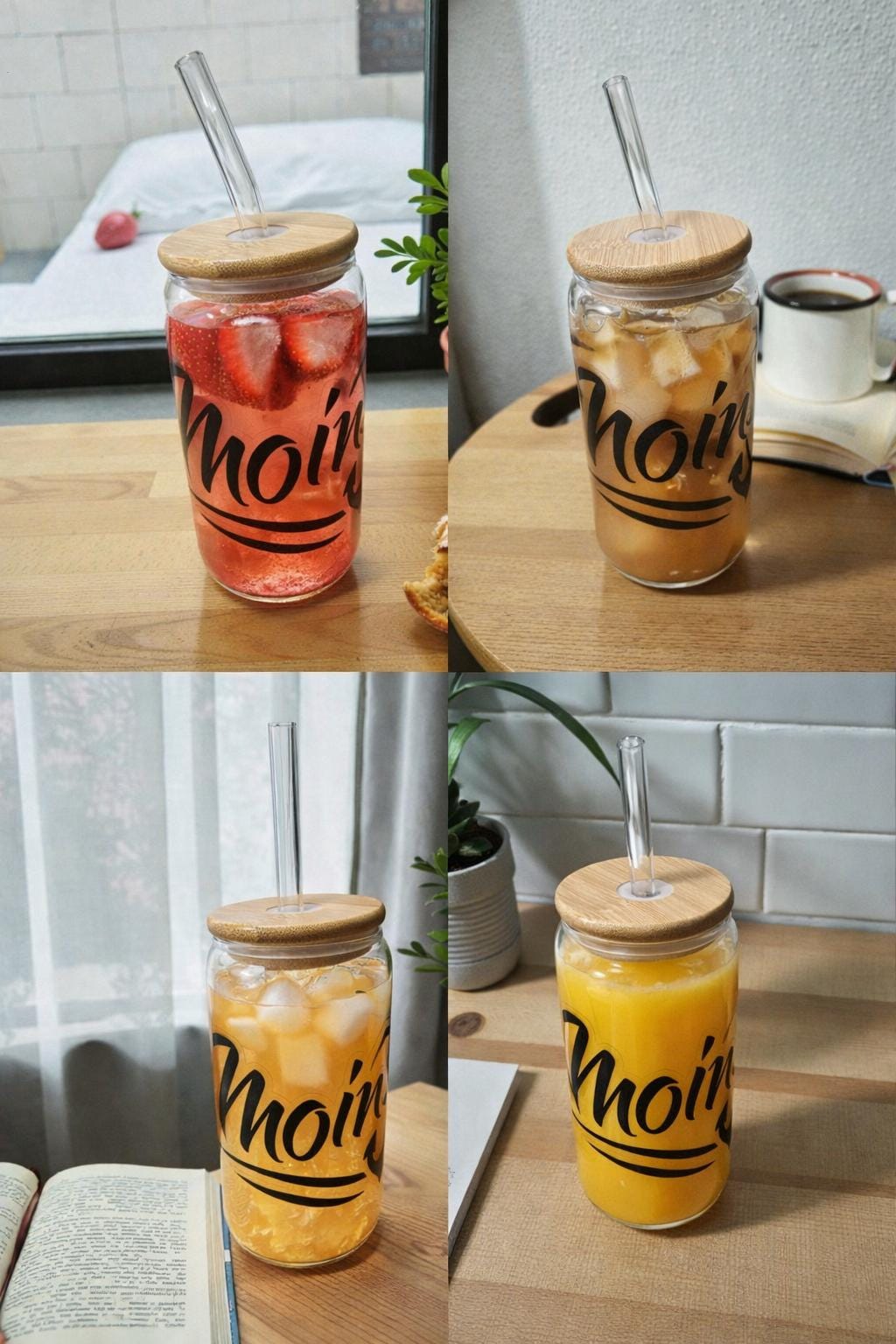 Trinkglas 500 ml mit Bambusdeckel & Glasstrohhalm – Iced Coffee Becher To Go, Spruch „Moin“, Geschenk