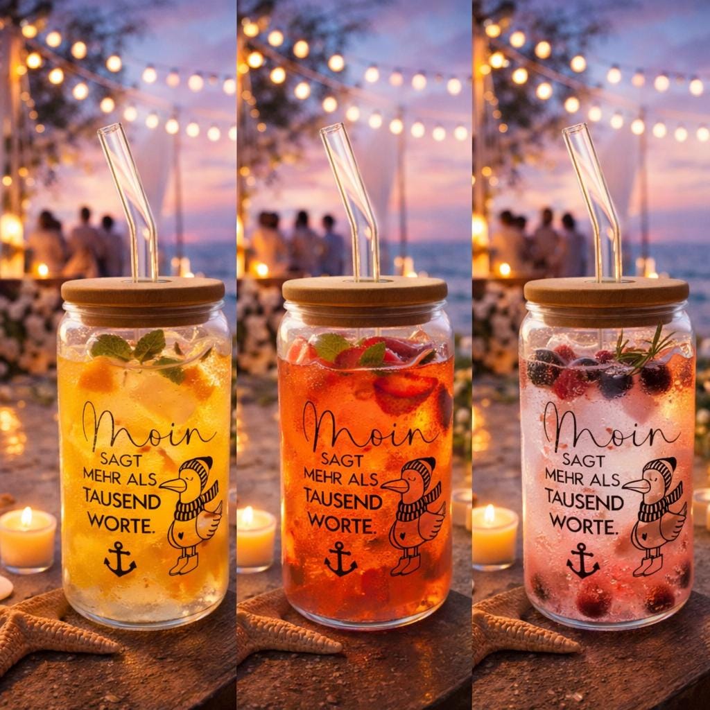 Trinkglas 500 ml mit Bambusdeckel | Glasbecher To Go | Iced Coffee Glas | 2 Glasstrohhalme + Bürste | maritim, mit Spruch, nachhaltig