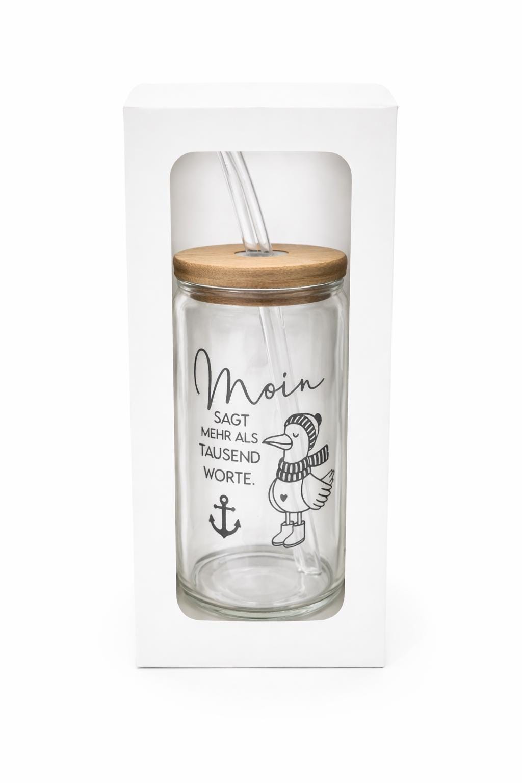 Trinkglas 500 ml mit Bambusdeckel | Glasbecher To Go | Iced Coffee Glas | 2 Glasstrohhalme + Bürste | maritim, mit Spruch, nachhaltig