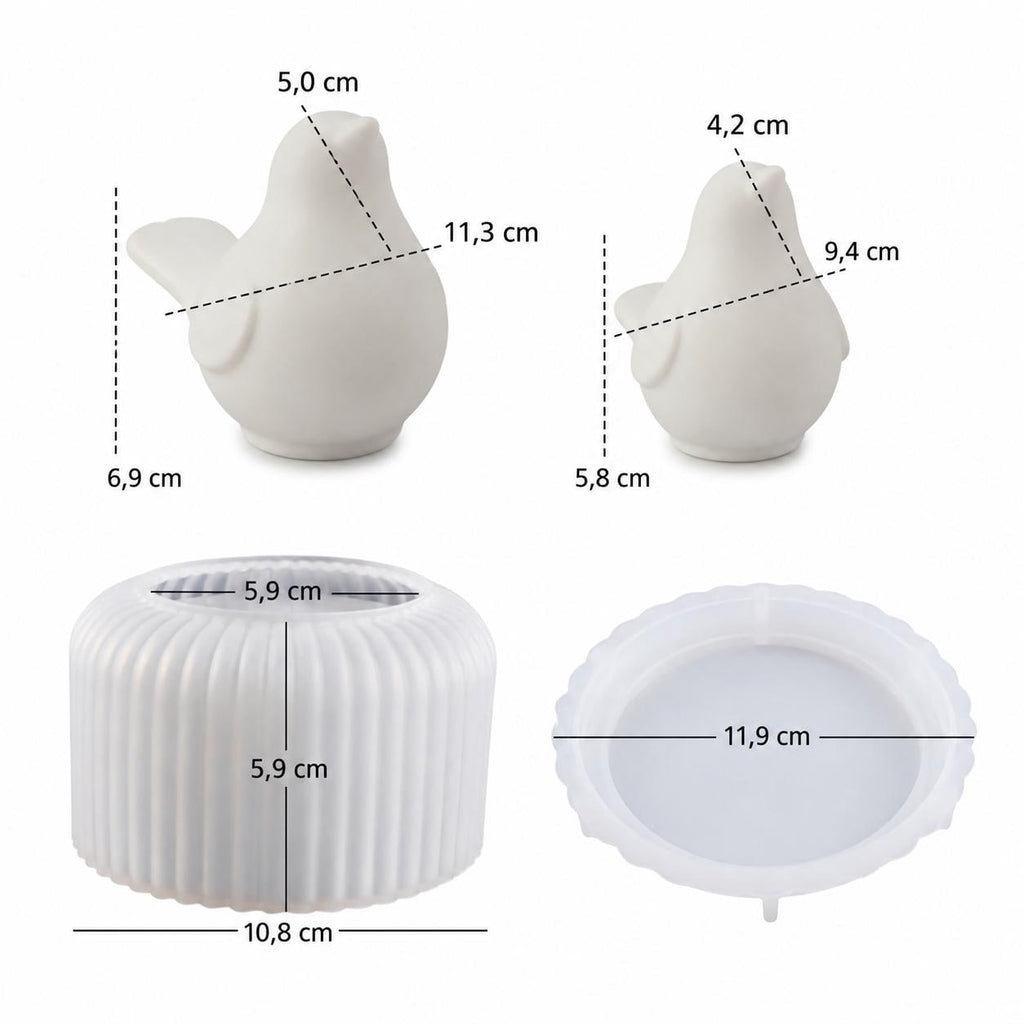 Silikonformen-Set, 4 Formen – Vogel & Dose – Resin-Gießform, Kerzenform, Gipsform, DIY Deko, Geschenkidee