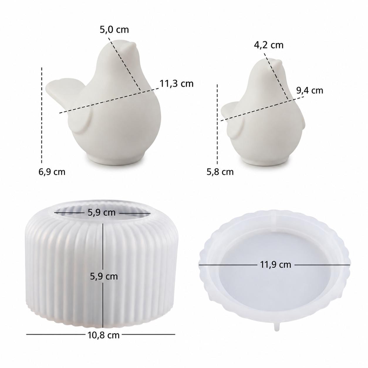 Silikonformen-Set, 4 Formen – Vogel & Dose – Resin-Gießform, Kerzenform, Gipsform, DIY Deko, Geschenkidee