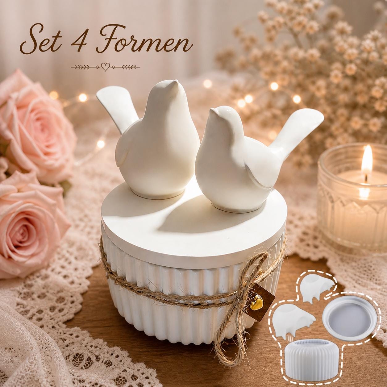 Silikonformen-Set, 4 Formen – Vogel & Dose – Resin-Gießform, Kerzenform, Gipsform, DIY Deko, Geschenkidee