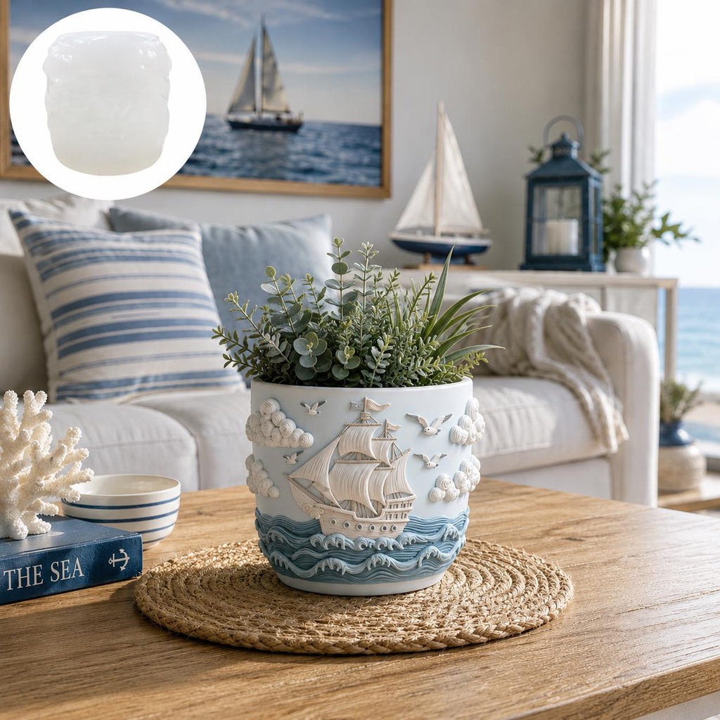 Maritimer Blumentopf mit Segelschiff | Nautik Deko | Küsten Pflanzentopf | Sukkulenten Topf | Beachhouse Deko | Geschenk für Meerliebhaber