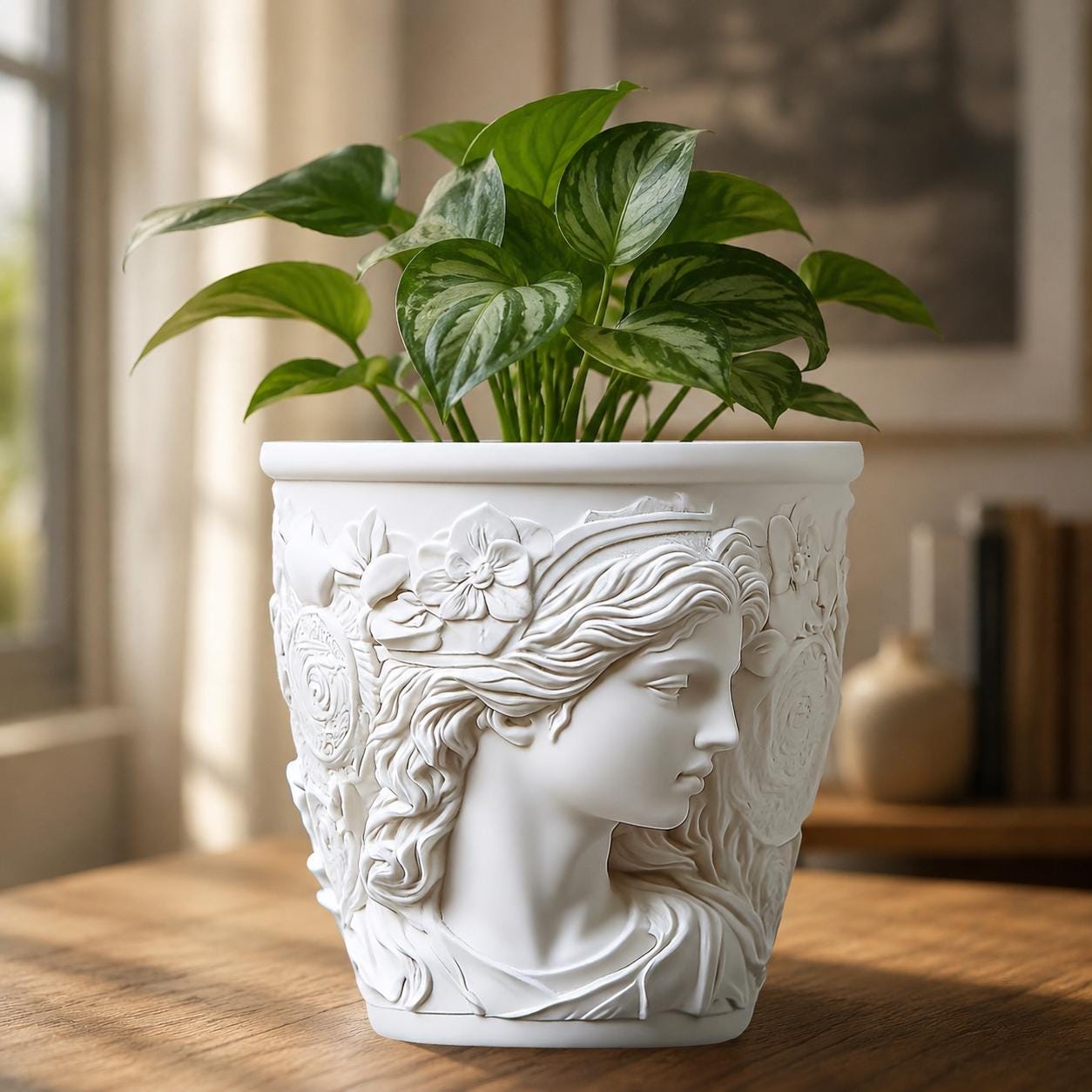 Eleganter Blumentopf Frauenkopf mit Pflanze | Dekorativer Übertopf aus Keramikoptik | Romantische Wohnungsdeko | Geschenkidee