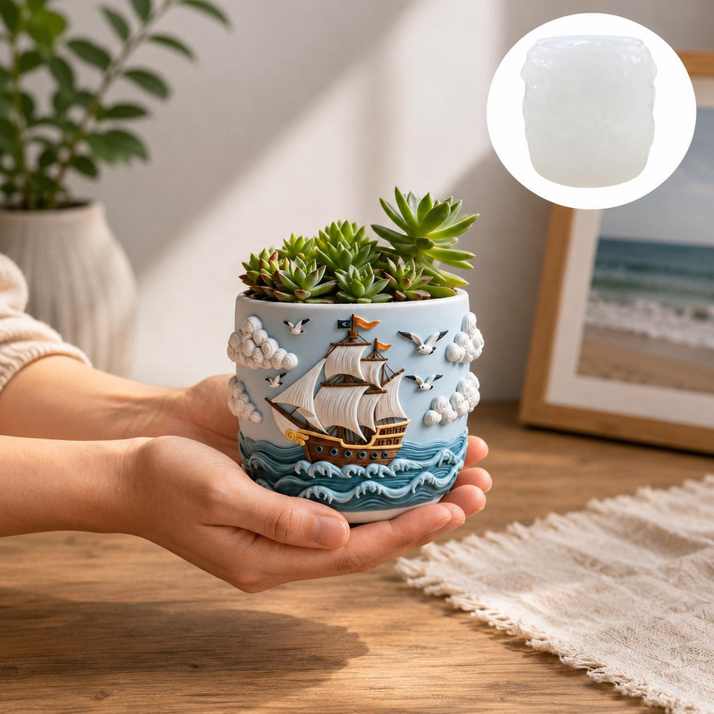 Maritimer Blumentopf mit Segelschiff | Nautik Deko | Küsten Pflanzentopf | Sukkulenten Topf | Beachhouse Deko | Geschenk für Meerliebhaber