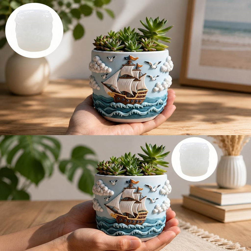 Maritimer Blumentopf mit Segelschiff | Nautik Deko | Küsten Pflanzentopf | Sukkulenten Topf | Beachhouse Deko | Geschenk für Meerliebhaber