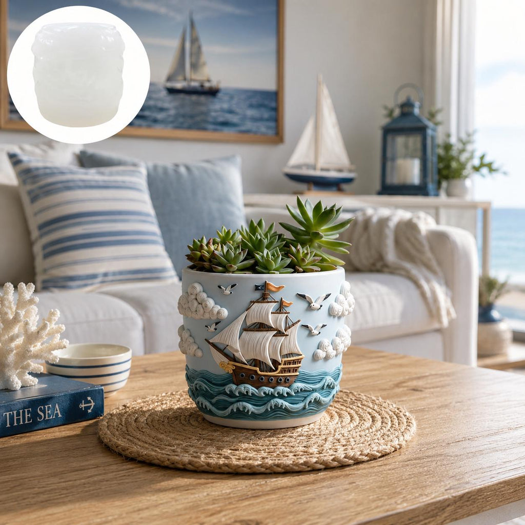 Maritimer Blumentopf mit Segelschiff | Nautik Deko | Küsten Pflanzentopf | Sukkulenten Topf | Beachhouse Deko | Geschenk für Meerliebhaber