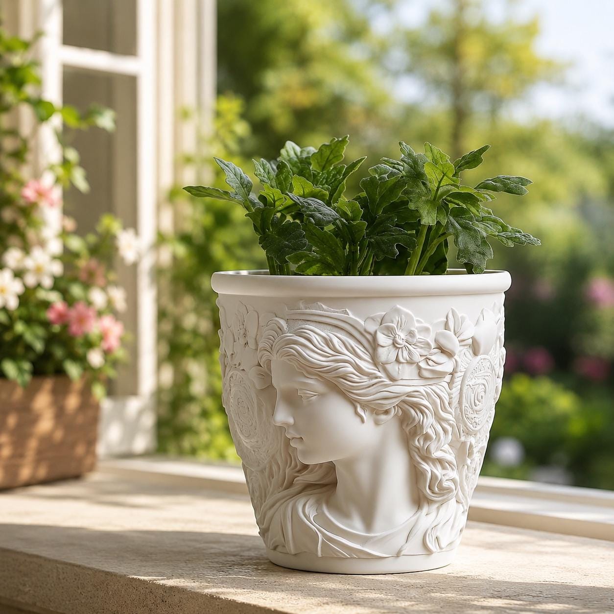 Eleganter Blumentopf Frauenkopf mit Pflanze | Dekorativer Übertopf aus Keramikoptik | Romantische Wohnungsdeko | Geschenkidee