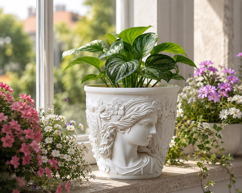 Eleganter Blumentopf Frauenkopf mit Pflanze | Dekorativer Übertopf aus Keramikoptik | Romantische Wohnungsdeko | Geschenkidee