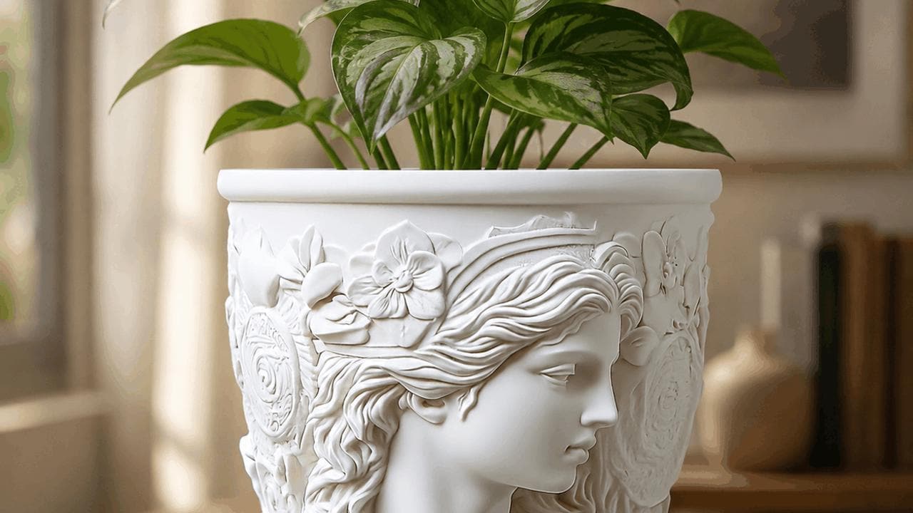 Eleganter Blumentopf Frauenkopf mit Pflanze | Dekorativer Übertopf aus Keramikoptik | Romantische Wohnungsdeko | Geschenkidee
