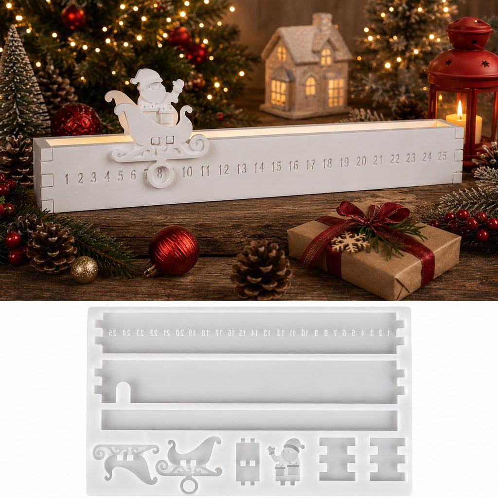 Silikon Gießform Adventskalender mit Weihnachtsmann & Schlitten | Countdown-Kalender | Resin, Epoxidharz, Raysin, Keraflott
