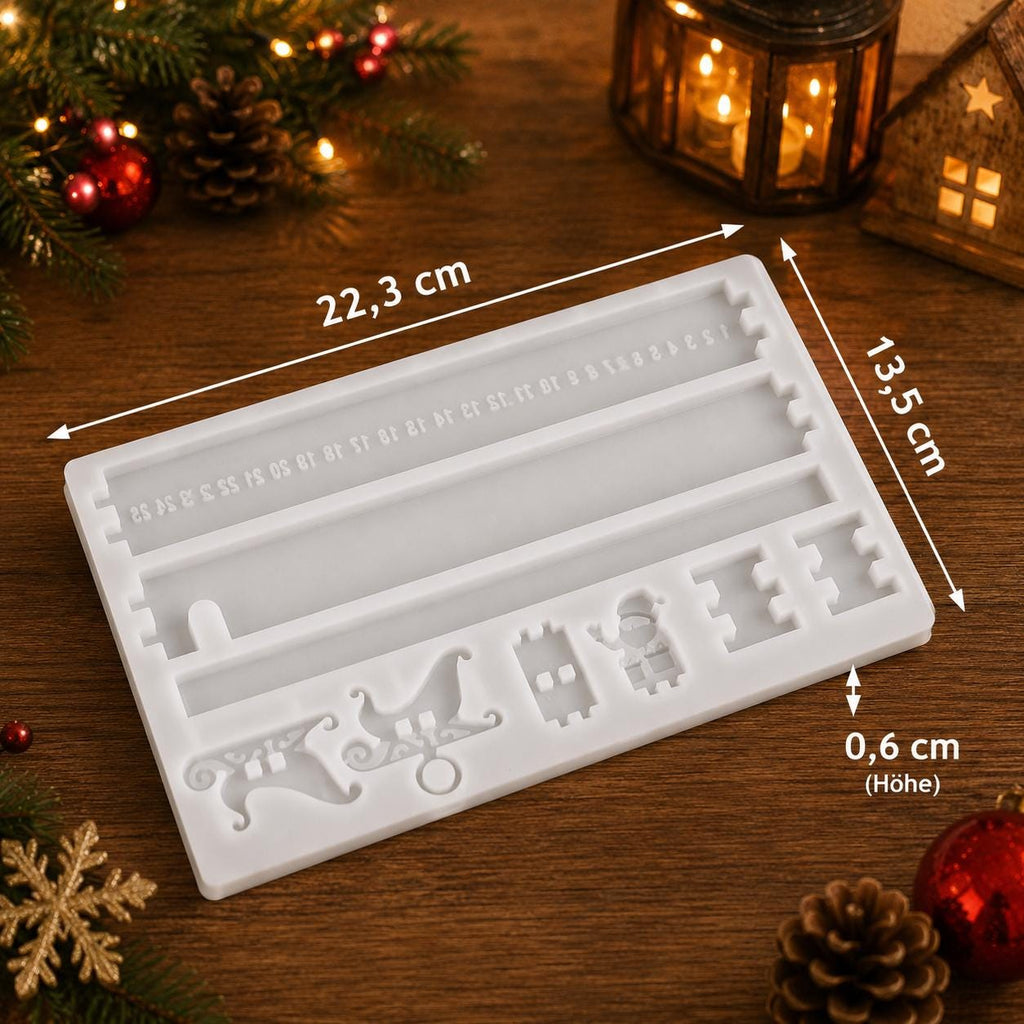 Silikon Gießform Adventskalender mit Weihnachtsmann & Schlitten | Countdown-Kalender | Resin, Epoxidharz, Raysin, Keraflott