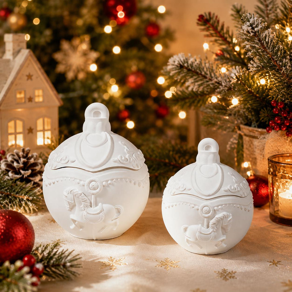 Silikon Gießform Weihnachtskugel mit Karussellpferd Kerzendose – 3D Form für Raysin, Keraflott, Gips , 2 Größen Weihnachtsdeko mit Deckel