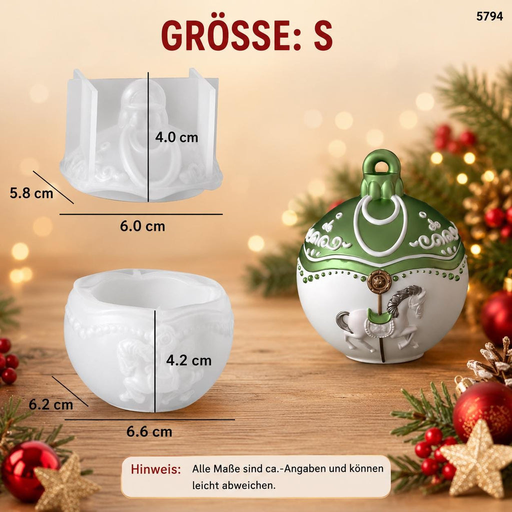 Silikon Gießform Weihnachtskugel mit Karussellpferd Kerzendose – 3D Form für Raysin, Keraflott, Gips , 2 Größen Weihnachtsdeko mit Deckel
