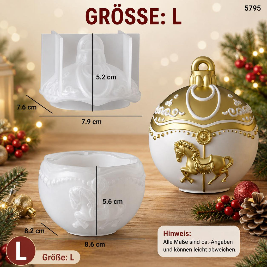 Silikon Gießform Weihnachtskugel mit Karussellpferd Kerzendose – 3D Form für Raysin, Keraflott, Gips , 2 Größen Weihnachtsdeko mit Deckel