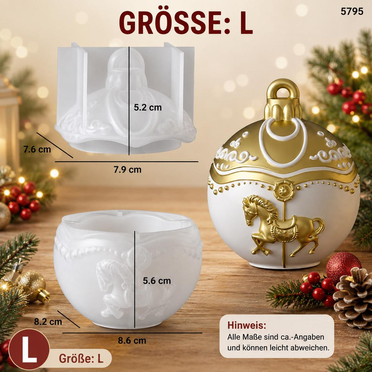 Silikon Gießform Weihnachtskugel mit Karussellpferd Kerzendose – 3D Form für Raysin, Keraflott, Gips , 2 Größen Weihnachtsdeko mit Deckel