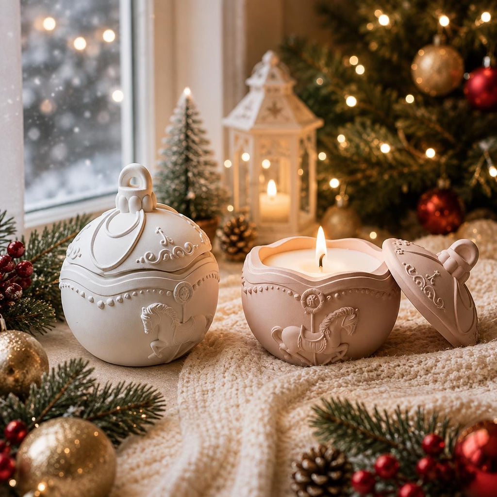 Silikon Gießform Weihnachtskugel mit Karussellpferd Kerzendose – 3D Form für Raysin, Keraflott, Gips , 2 Größen Weihnachtsdeko mit Deckel