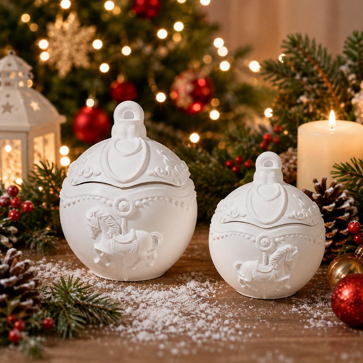 Silikon Gießform Weihnachtskugel mit Karussellpferd Kerzendose – 3D Form für Raysin, Keraflott, Gips , 2 Größen Weihnachtsdeko mit Deckel